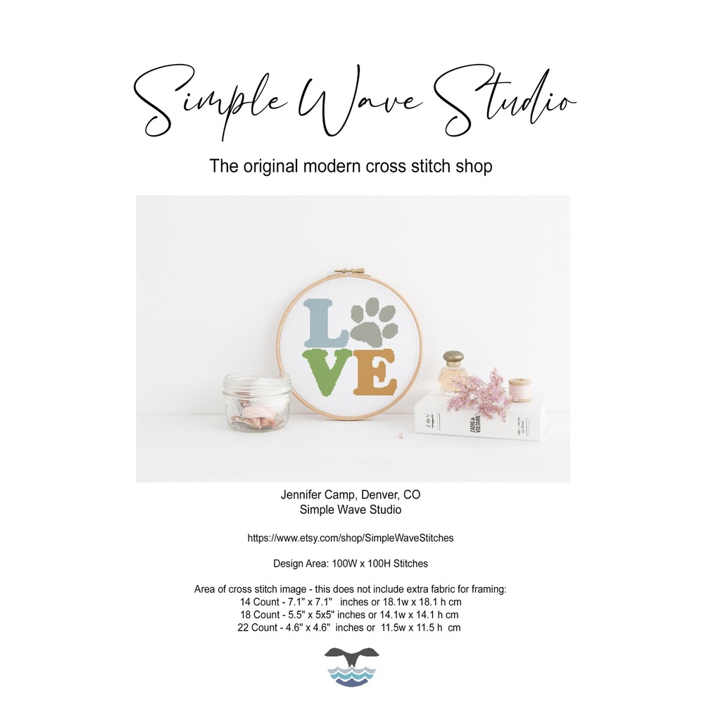 Puppy Dog Paw Love Counted‎ Cross Stitch Pattern Chart KIT